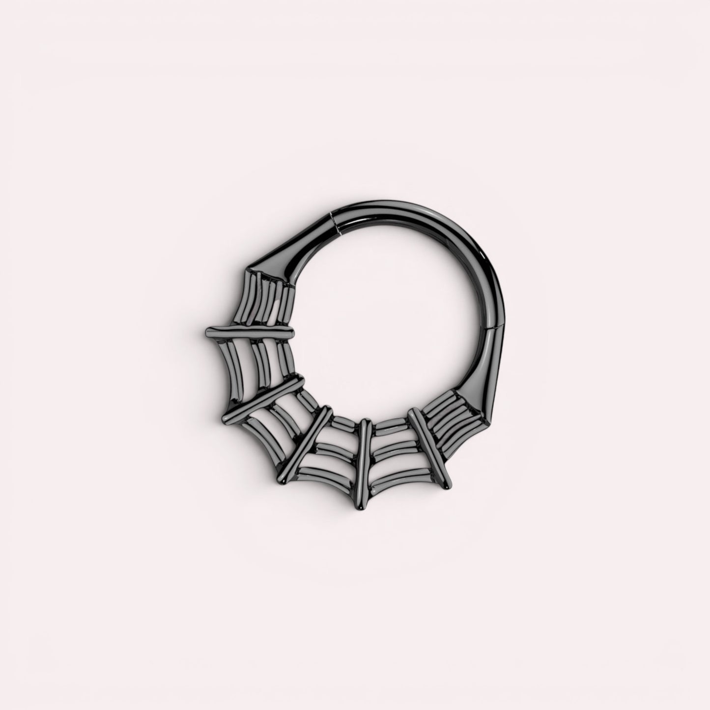 MKBodyJewelry black spider web septum ring, 16g surgical steel hinged hoop with unique detailing. Hypoallergenic.