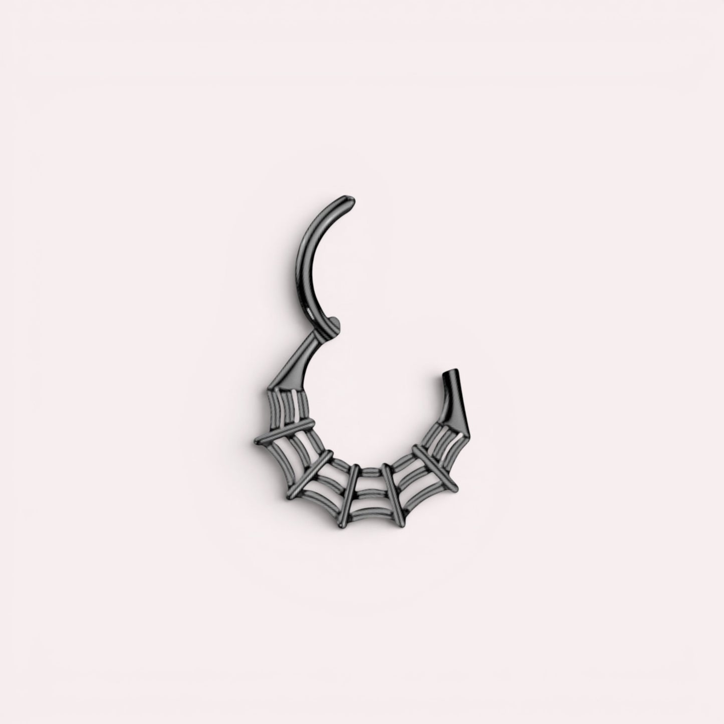 MKBodyJewelry black surgical steel 16g spider web septum clicker ring with hinged segment hoop design.