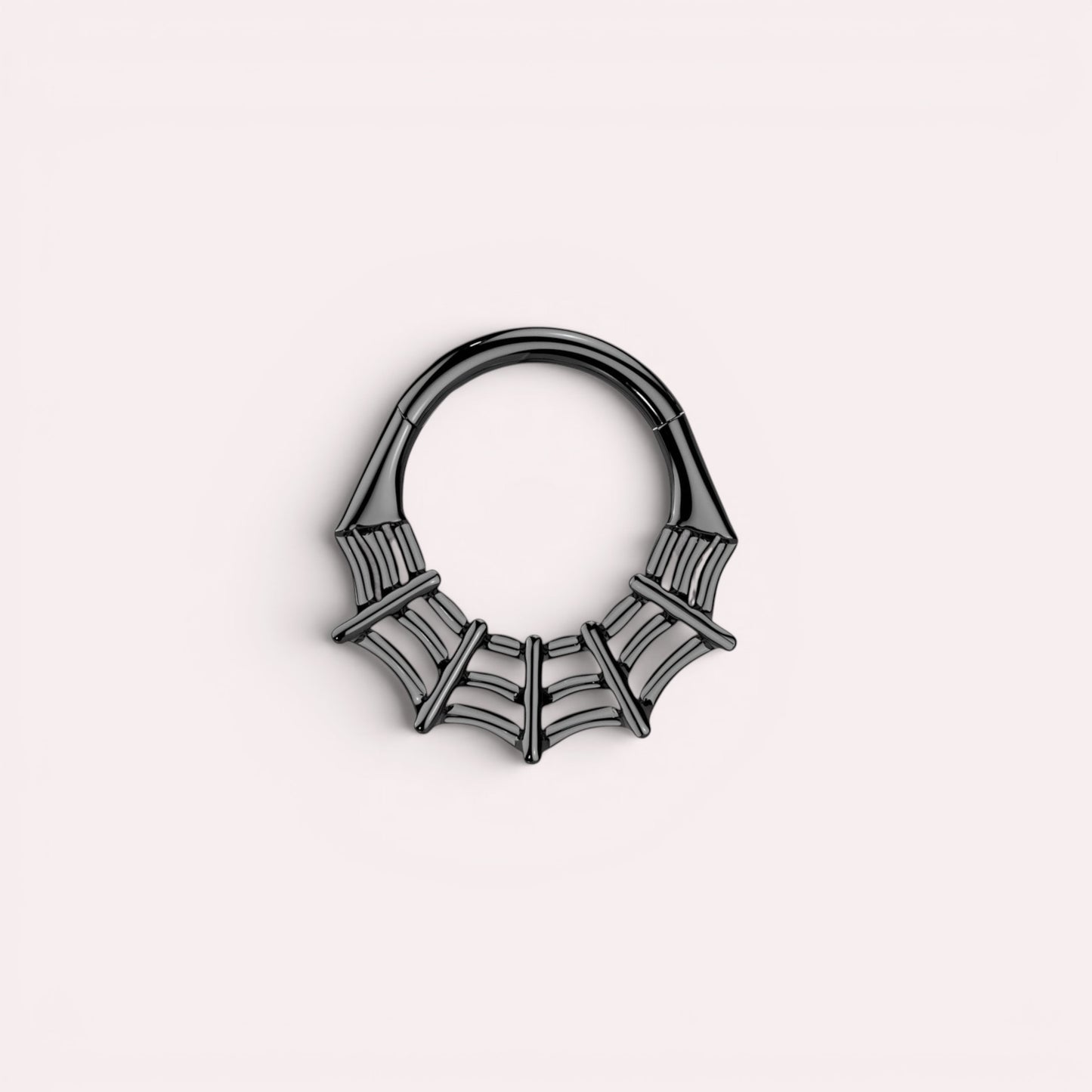 MKBodyJewelry black spider web surgical steel septum clicker ring, 16g hinged segment hoop for daith or cartilage.