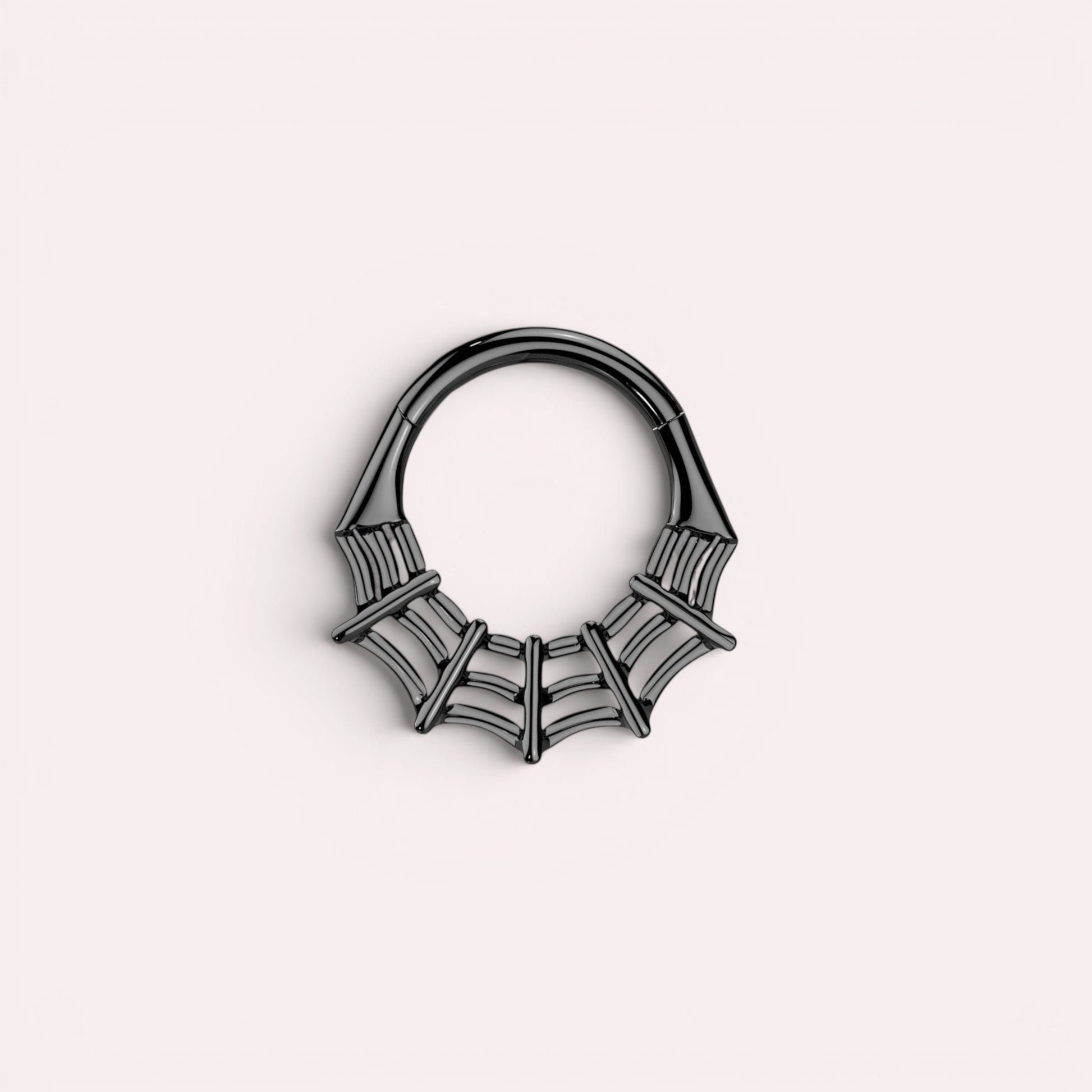 MKBodyJewelry black spider web surgical steel septum clicker ring, 16g hinged segment hoop for daith or cartilage.