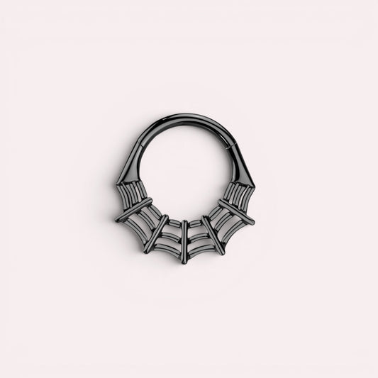 MKBodyJewelry black spider web surgical steel septum clicker ring, 16g hinged segment hoop for daith or cartilage.
