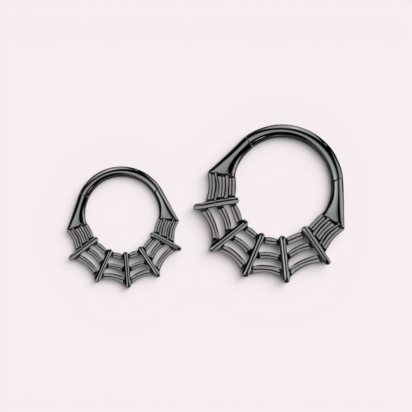 MKBodyJewelry black surgical steel 16g spider web septum clicker ring, hinged segment hoop.