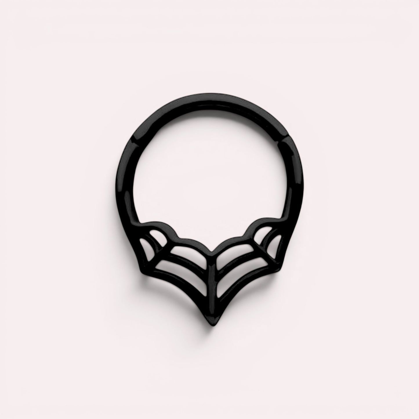 MKBodyJewelry 16G black surgical steel septum clicker ring featuring a minimalist spider web design.