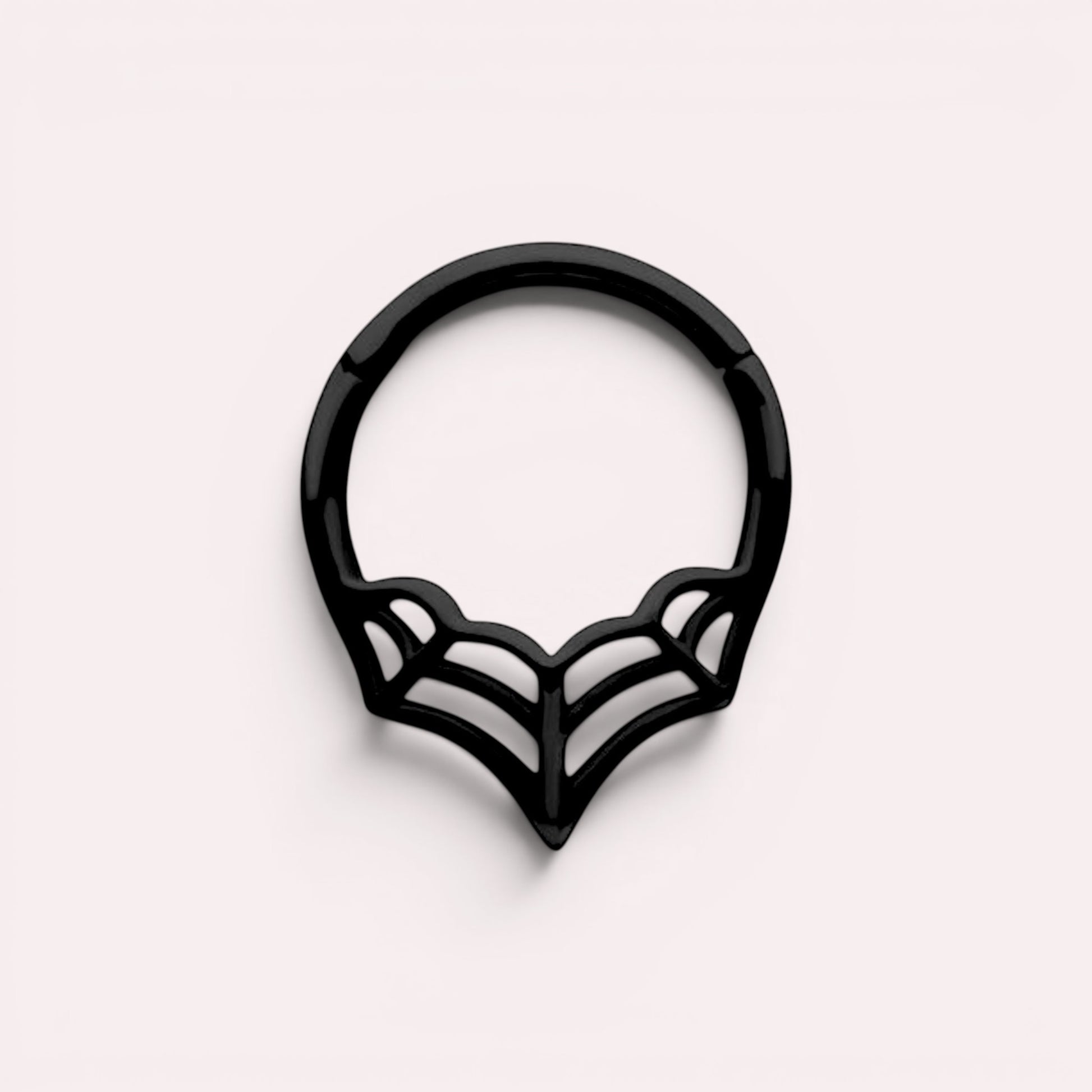 MKBodyJewelry 16G black surgical steel septum clicker ring featuring a minimalist spider web design.