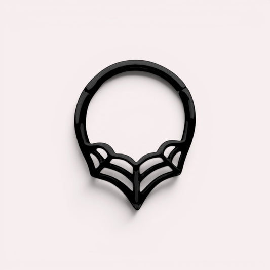 MKBodyJewelry 16G black surgical steel septum clicker ring featuring a minimalist spider web design.