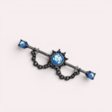 MKBodyJewelry 14G black surgical steel industrial barbell with blue opal star charm and dangling chain detail.