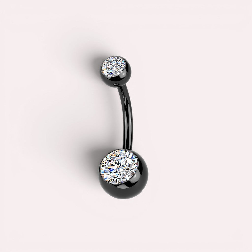 MKBodyJewelry black titanium belly button ring with double faceted CZ jewels in a sleek internally threaded design.