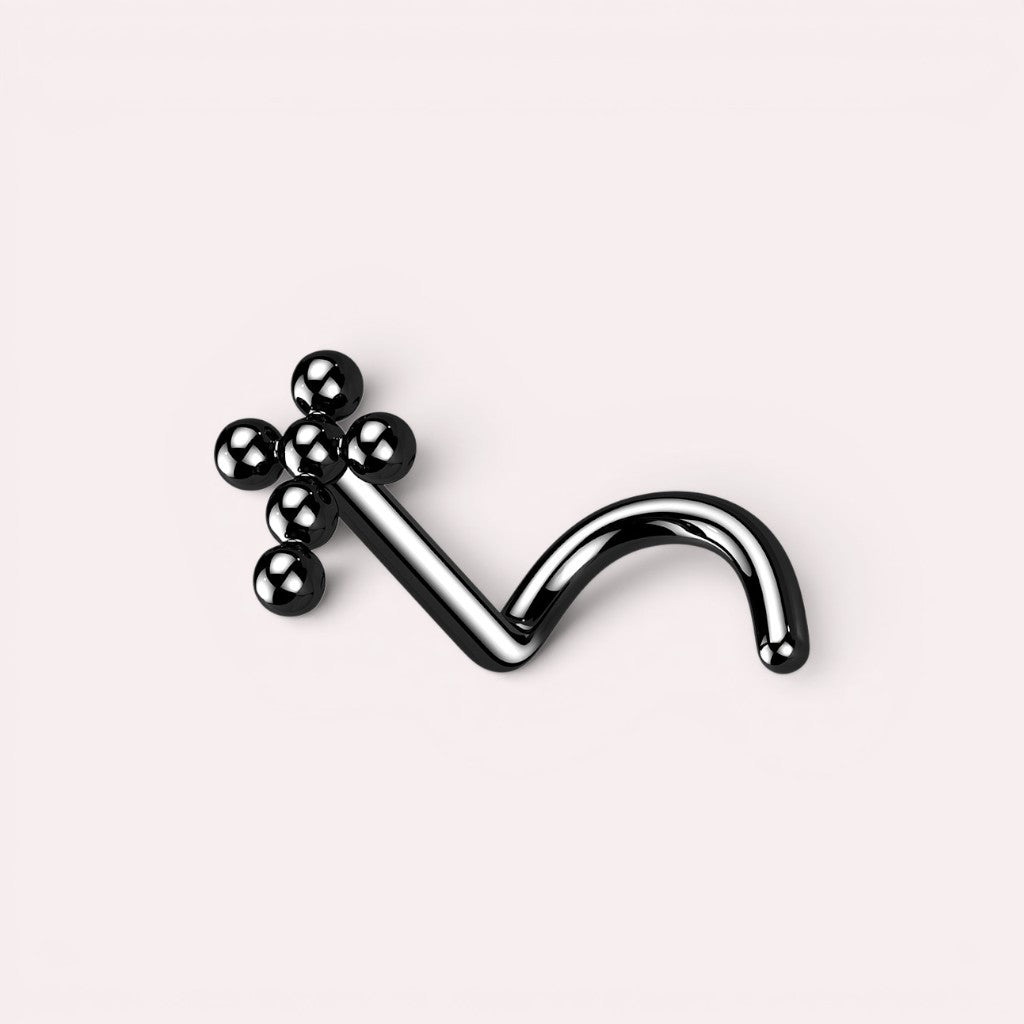 MKBodyJewelry 20g titanium beaded cross nose corkscrew stud in a sleek black finish for minimalist body piercing.