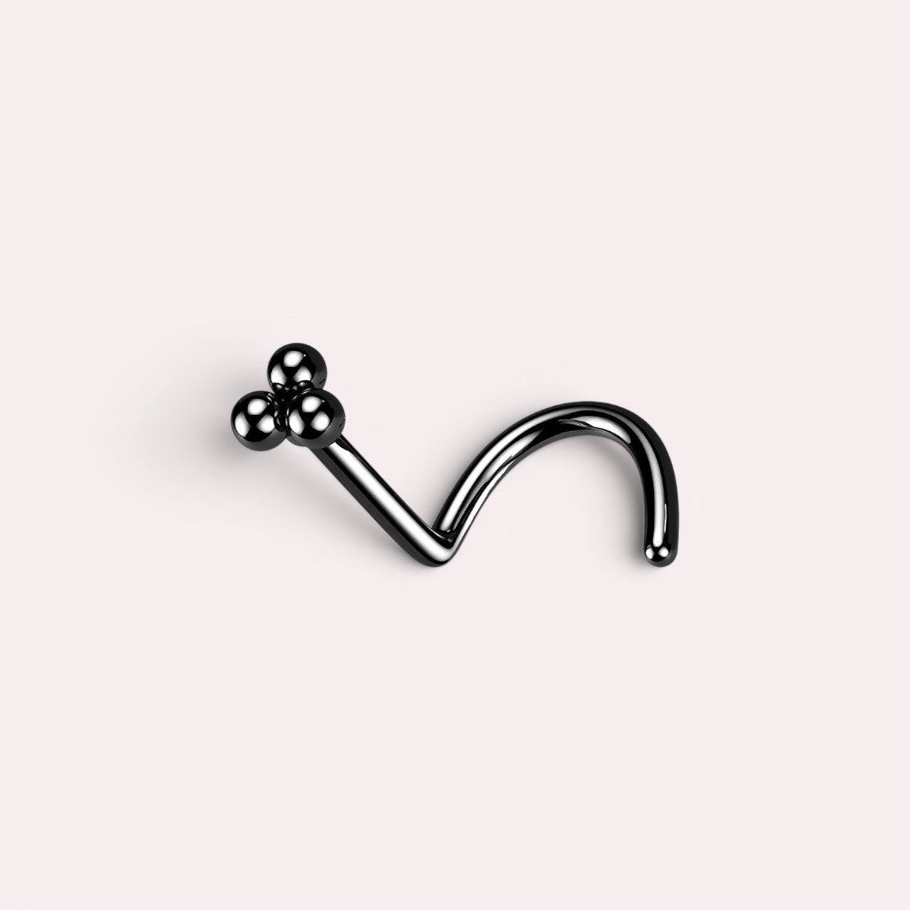 MKBodyJewelry black triple ball nose screw piercing stud with a polished metallic finish.