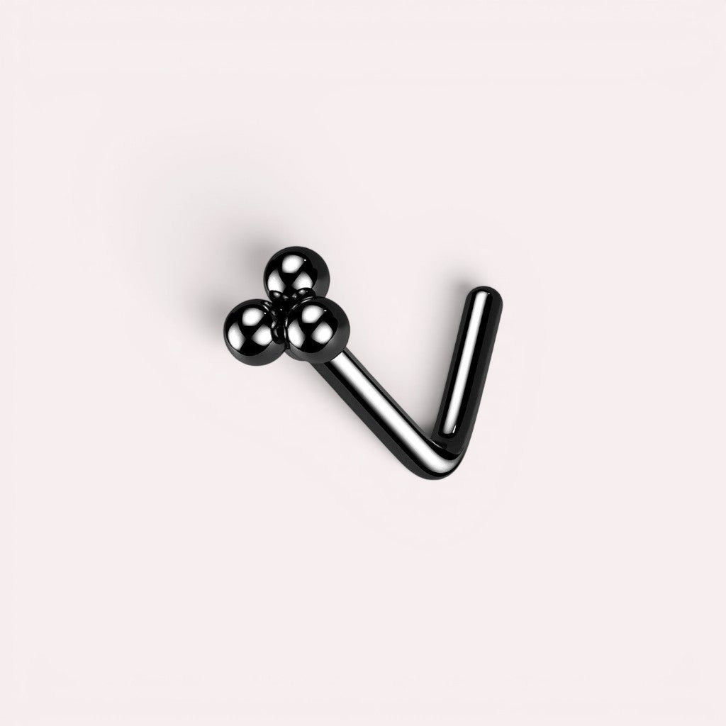 MKBodyJewelry black triple ball L-shaped nose stud with a polished minimalist sphere cluster design.