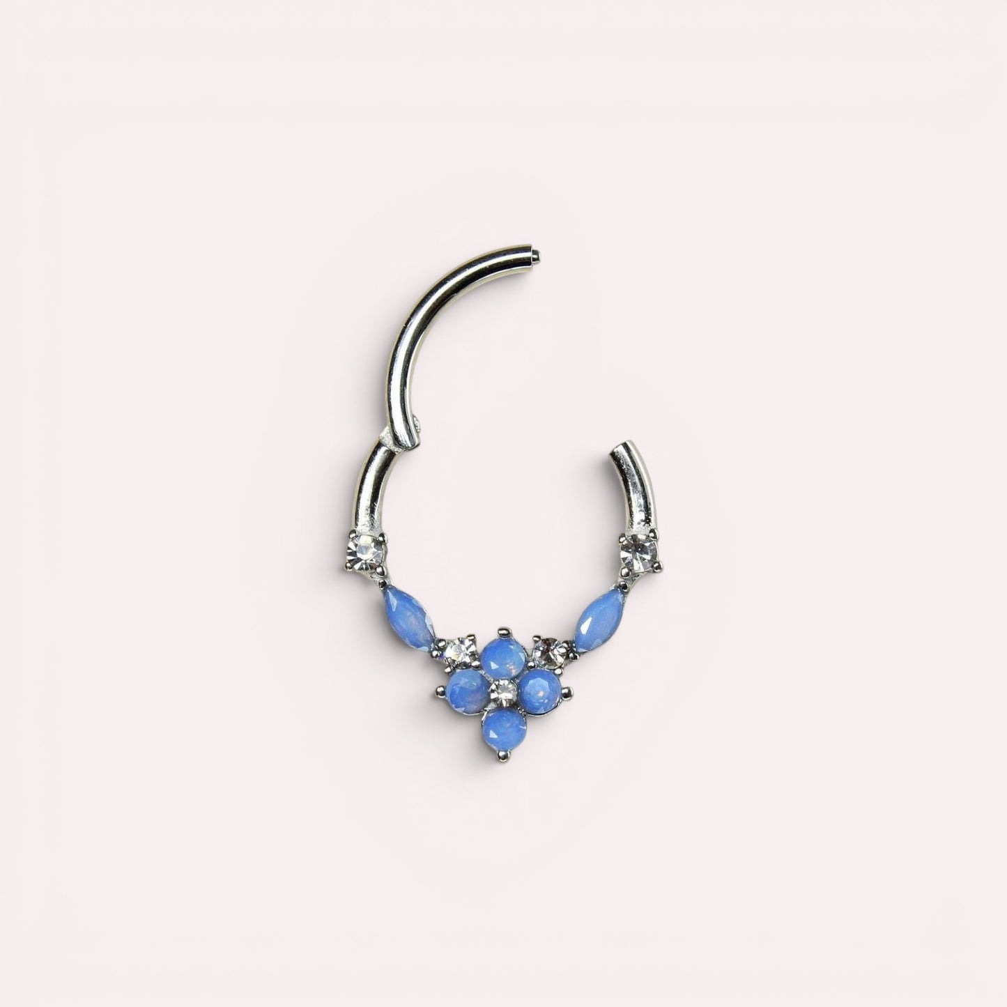 MKBodyJewelry blue opal floral septum clicker ring in surgical steel with a dainty hinged hoop design