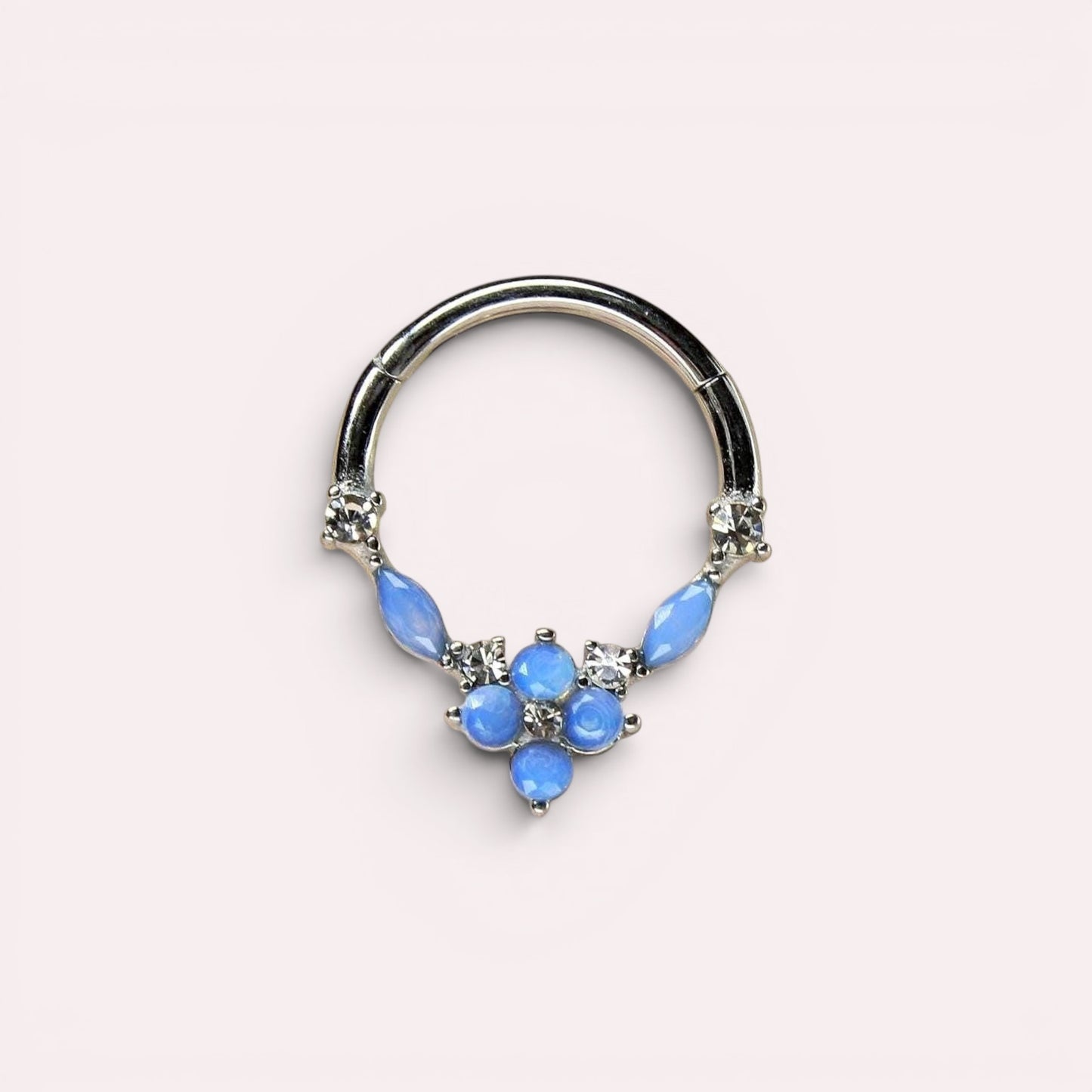 MKBodyJewelry surgical steel septum clicker ring with blue opal floral gems and clear accents in a hinged hoop design
