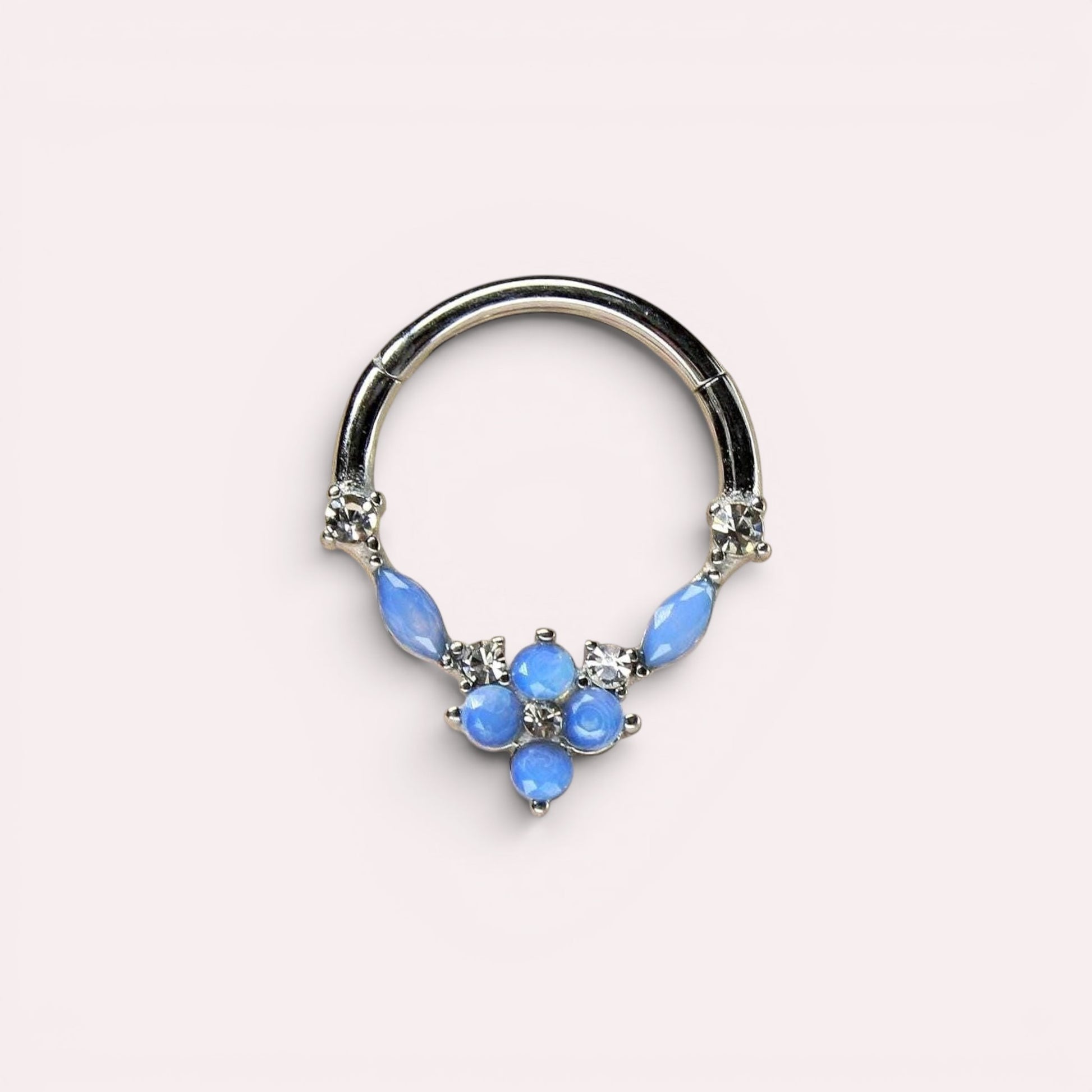 MKBodyJewelry surgical steel septum clicker ring with blue opal floral gems and clear accents in a hinged hoop design