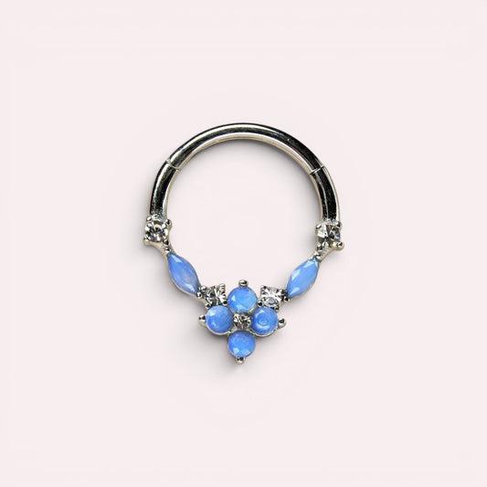MKBodyJewelry surgical steel septum clicker ring with blue opal floral gems and clear accents in a hinged hoop design