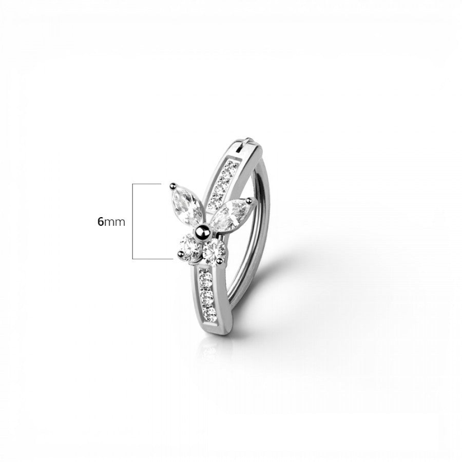 MKBodyJewelry 14G silver butterfly belly clicker ring with clear marquise and round cut cubic zirconia stones.
