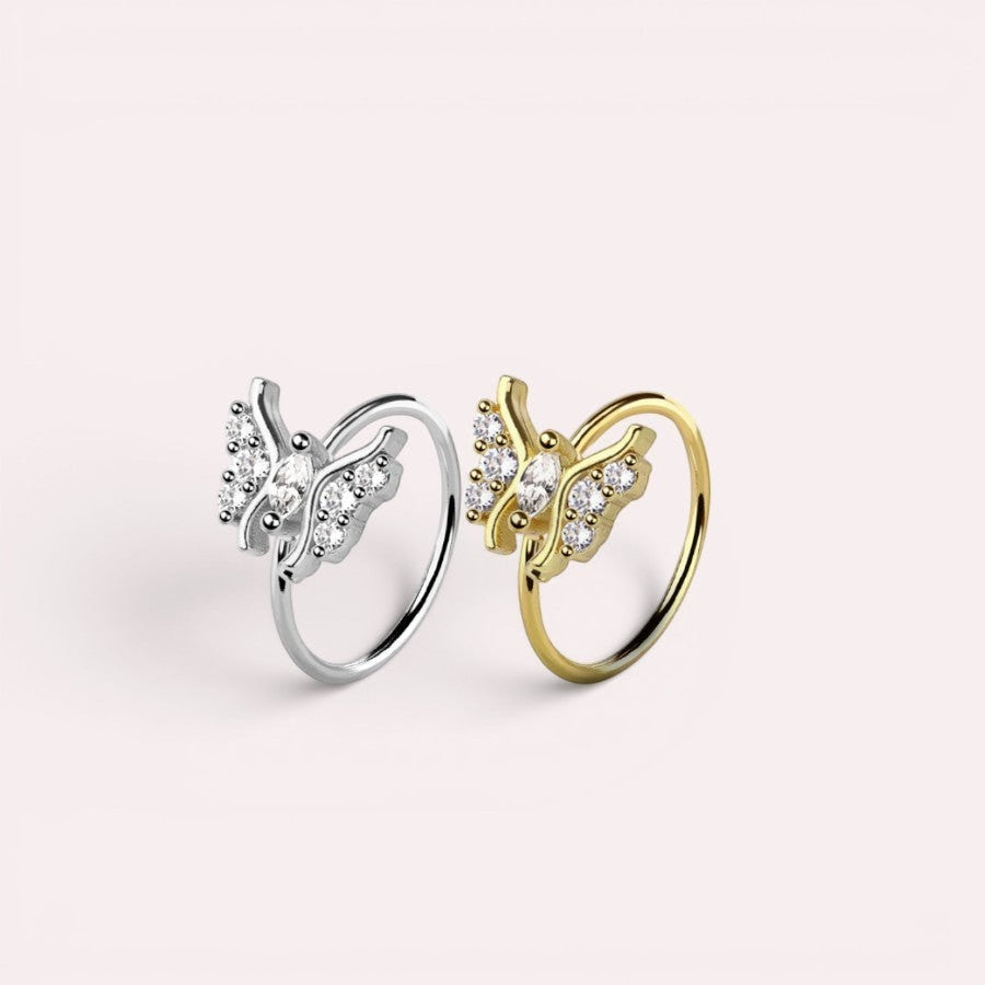 MKBodyJewelry butterfly nose hoop ring in silver-tone surgical steel with clear crystal gems for cartilage piercing