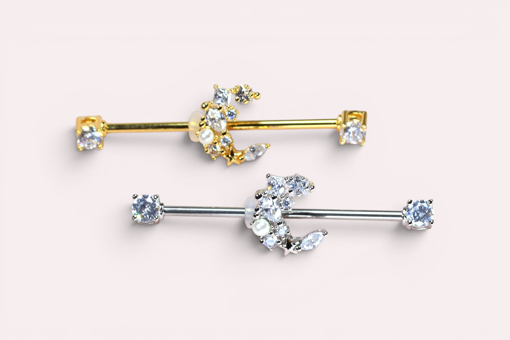 MKBodyJewelry dainty gold and silver surgical steel 14G crescent moon industrial barbell with cubic zirconia.