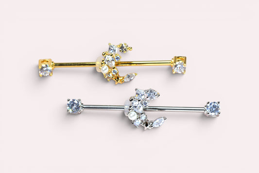 MKBodyJewelry dainty gold and silver surgical steel 14G crescent moon industrial barbell with cubic zirconia.