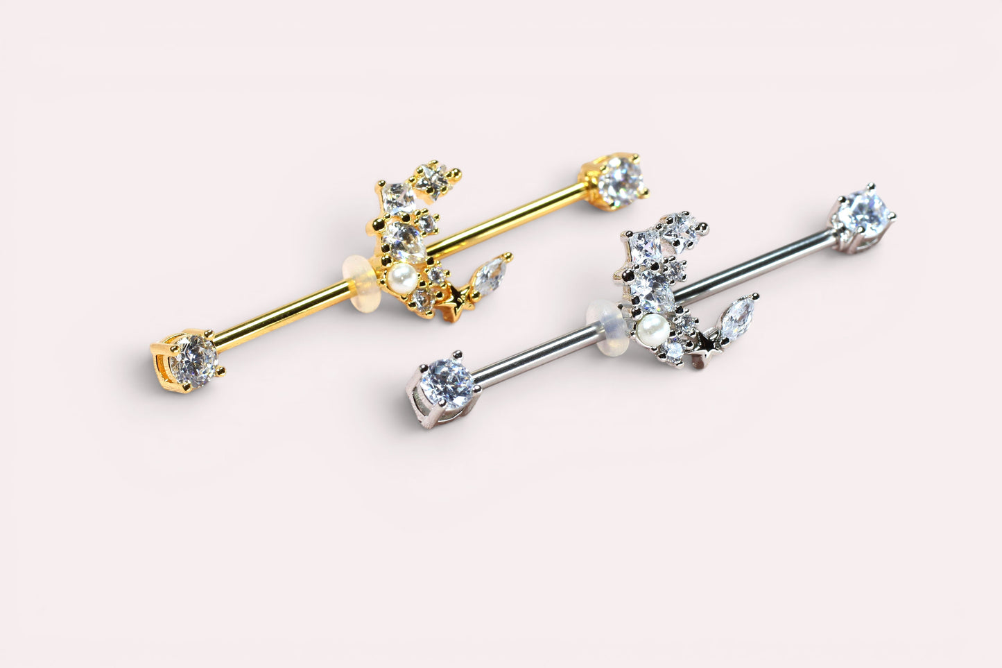 MKBodyJewelry dainty gold and silver surgical steel 14G crescent moon industrial barbell with clear cubic zirconia.