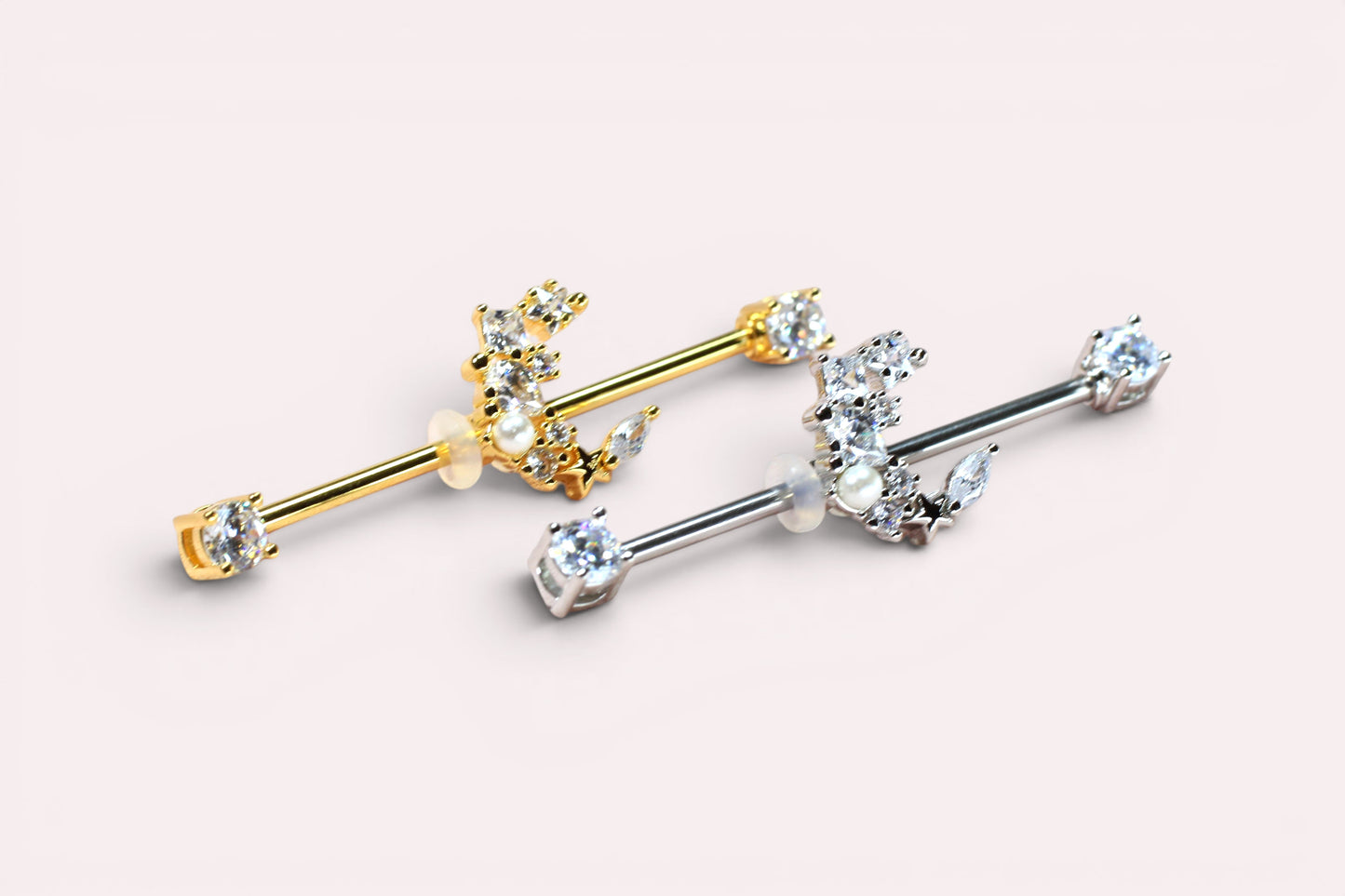 MKBodyJewelry dainty gold and silver surgical steel 14G crescent moon industrial barbell with clear cubic zirconia.