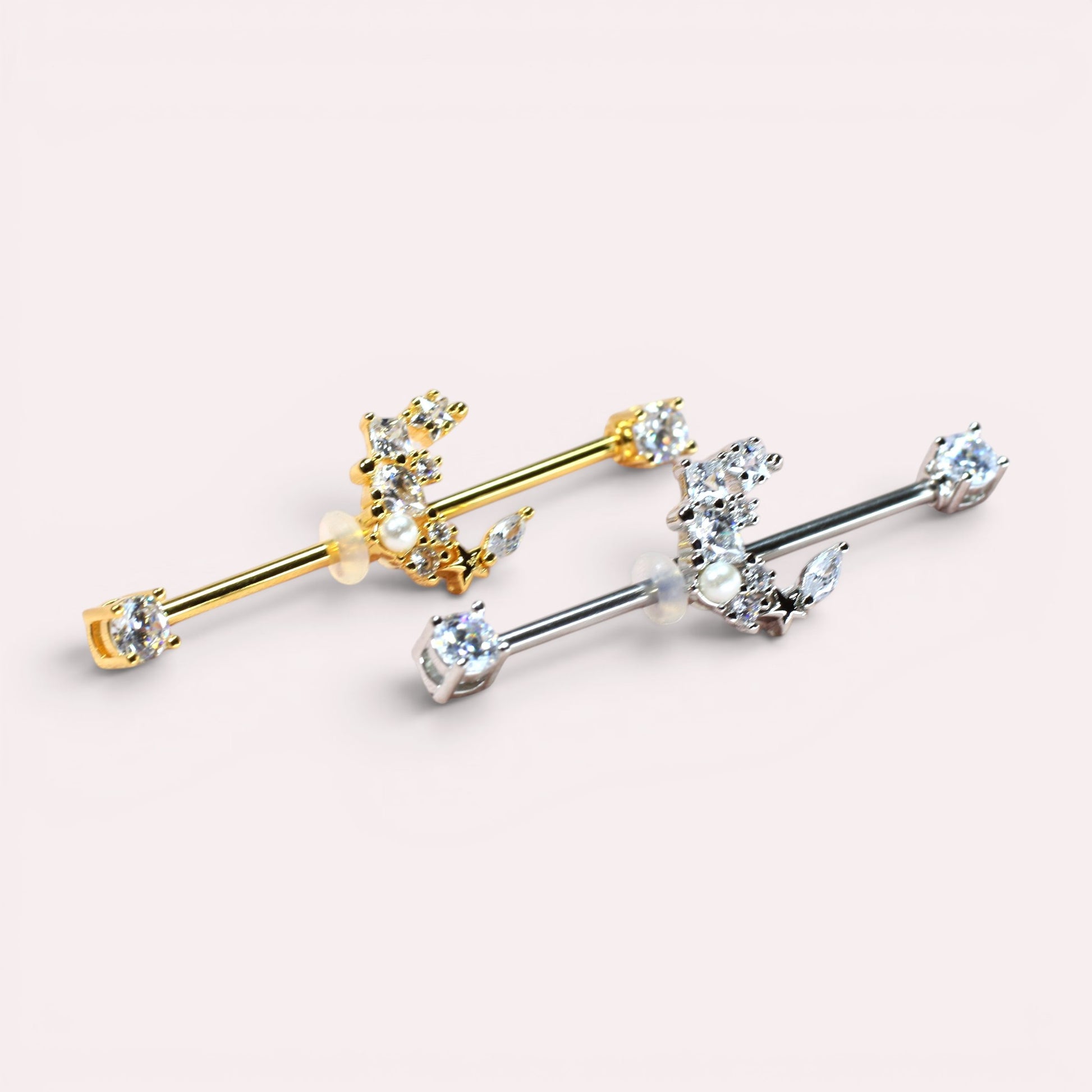 MKBodyJewelry dainty gold and silver surgical steel 14G crescent moon industrial barbell with clear cubic zirconia.