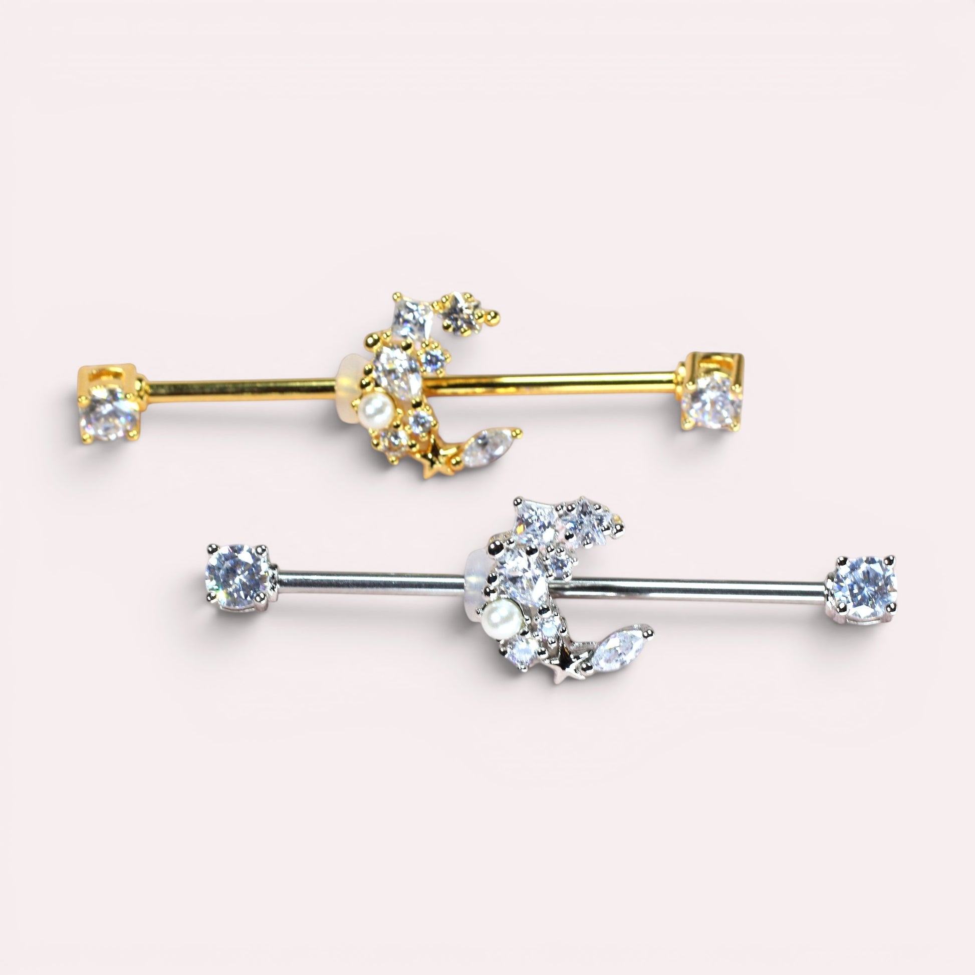 MKBodyJewelry dainty gold and silver surgical steel 14G crescent moon industrial barbell with cubic zirconia.