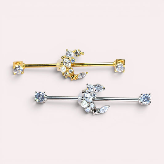 MKBodyJewelry dainty gold and silver surgical steel 14G crescent moon industrial barbell with cubic zirconia.