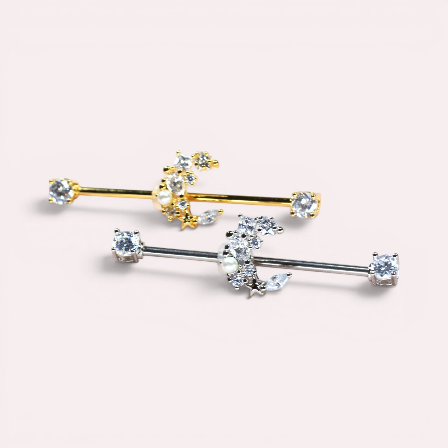 MKBodyJewelry dainty gold and silver surgical steel 14G crescent moon industrial barbell with cubic zirconia.