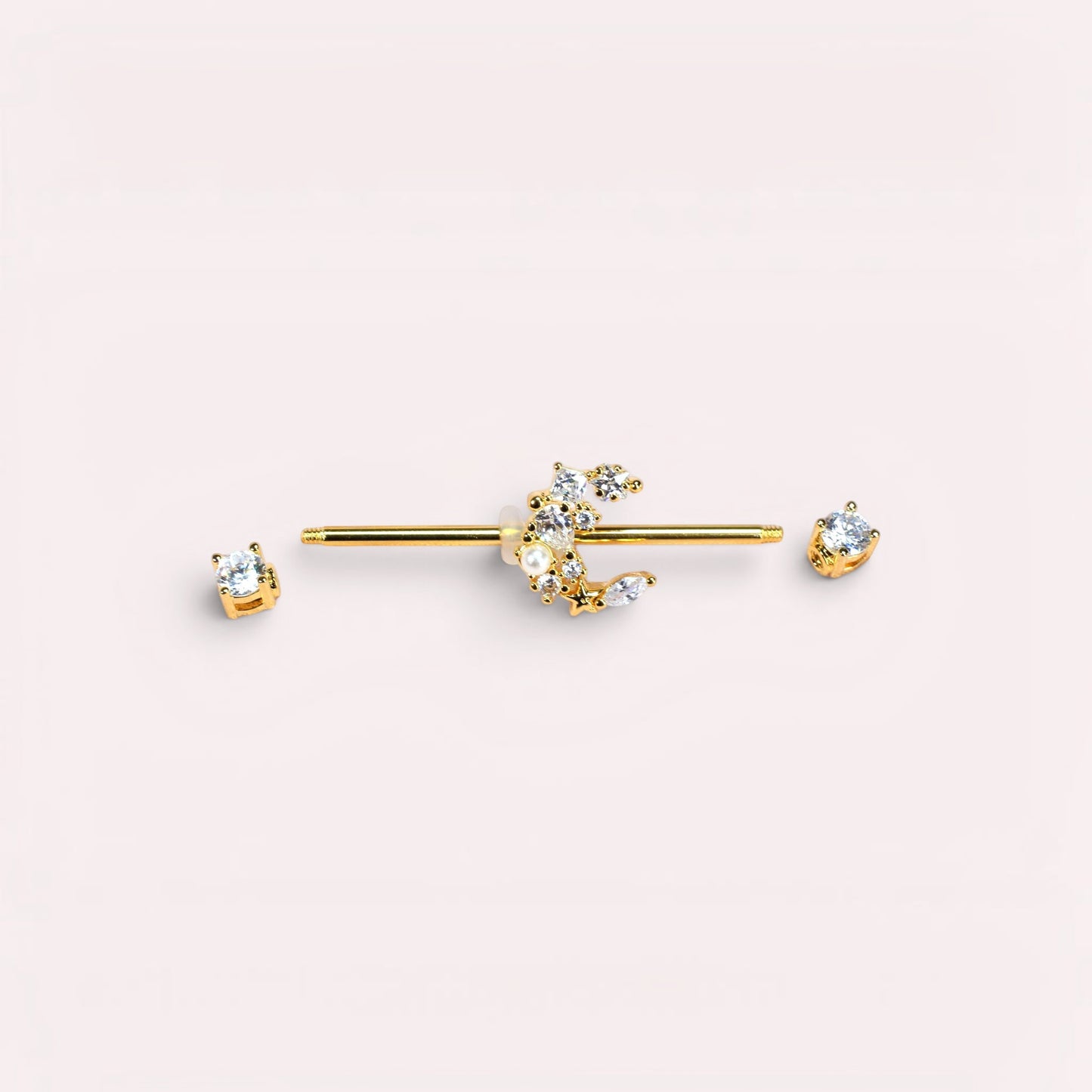 MKBodyJewelry gold and silver crescent moon industrial barbell with clear cubic zirconia and pearl accents, surgical steel, 14G.