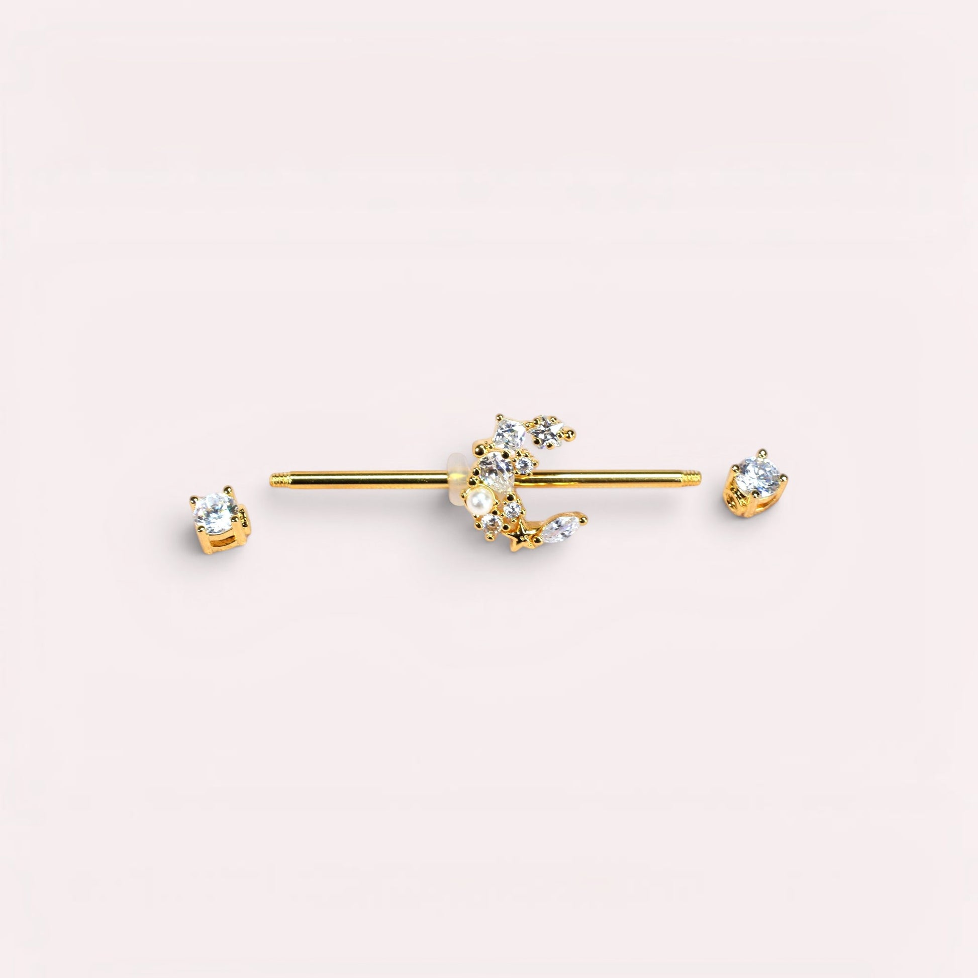 MKBodyJewelry gold and silver crescent moon industrial barbell with clear cubic zirconia and pearl accents, surgical steel, 14G.