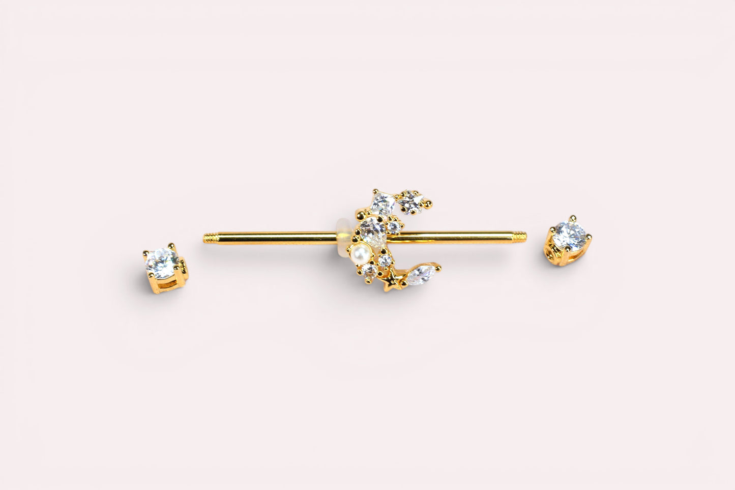 MKBodyJewelry gold and silver crescent moon industrial barbell with clear cubic zirconia and pearl accents, surgical steel, 14G.