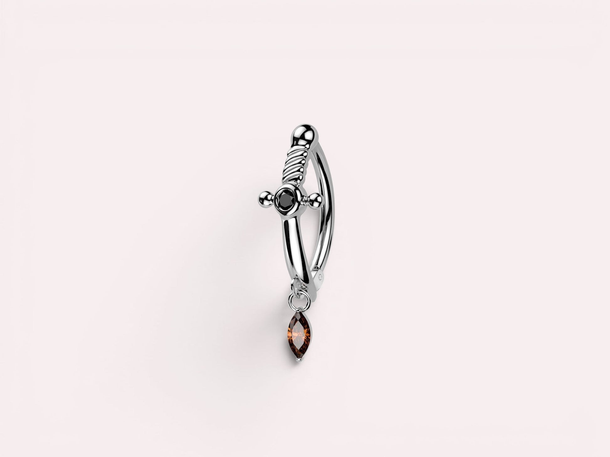 MKBodyJewelry silver stainless steel dagger belly button ring with dangling marquise-cut brown CZ and black accent gem.