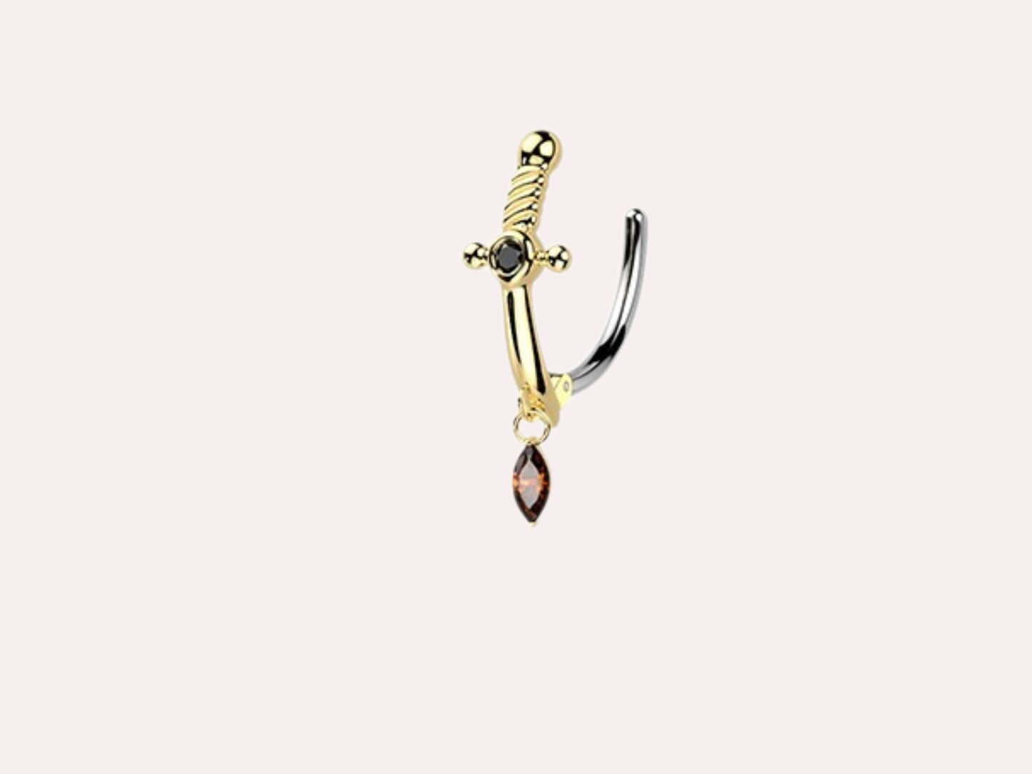 MKBodyJewelry gold and silver dagger belly button ring with dangling brown CZ gem and black accent stones