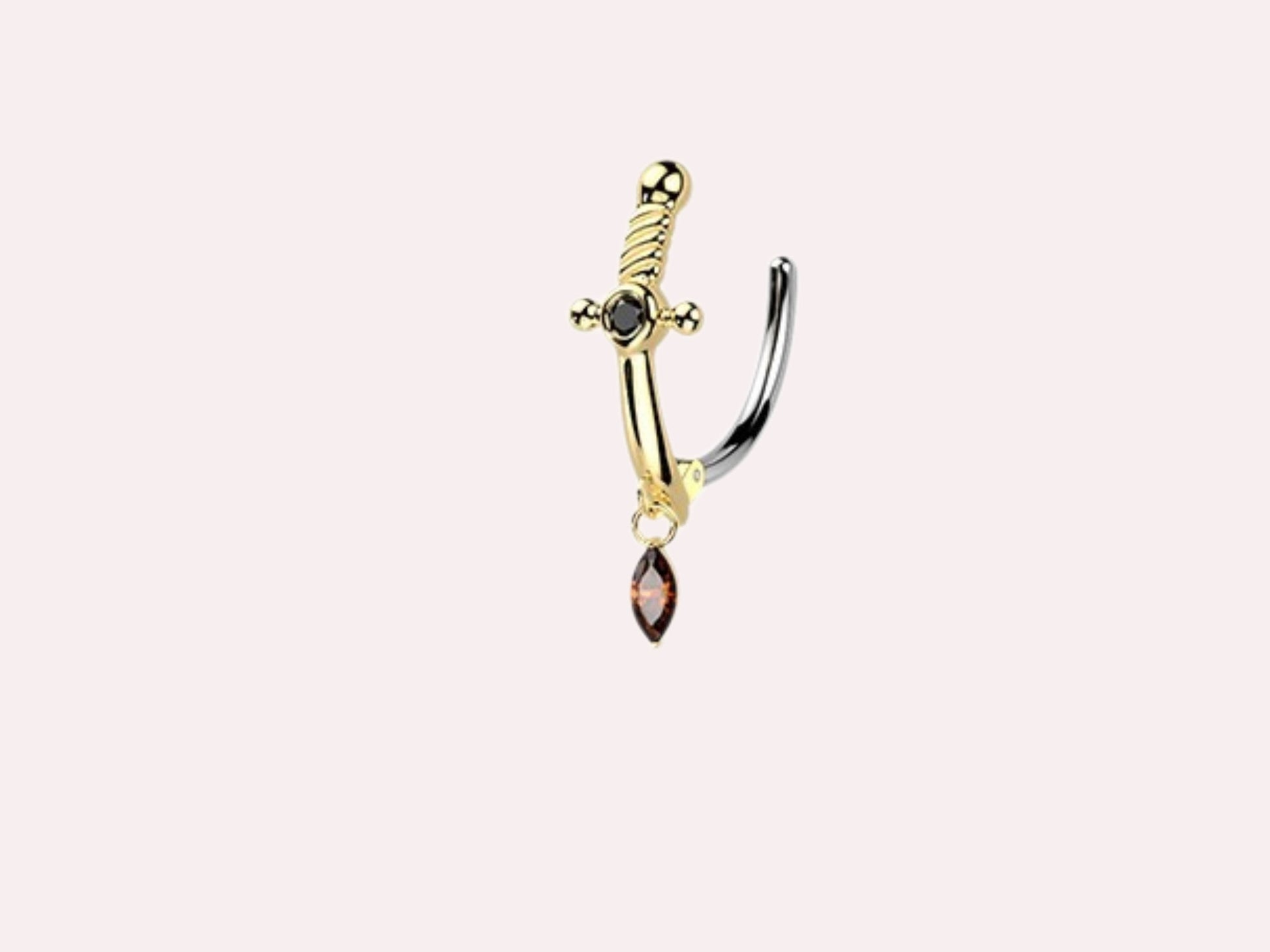 MKBodyJewelry gold and silver dagger belly button ring with dangling brown CZ gem and black accent stones