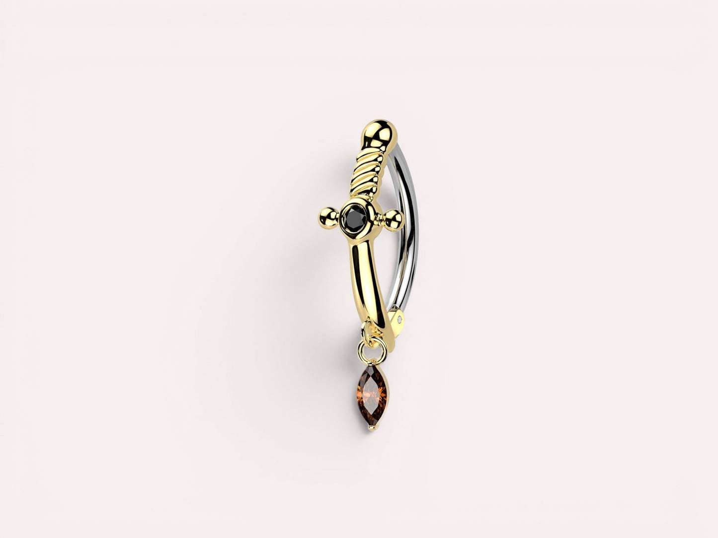 MKBodyJewelry gold stainless steel dagger belly button ring with black and brown CZ gems, 14G, 10mm bar
