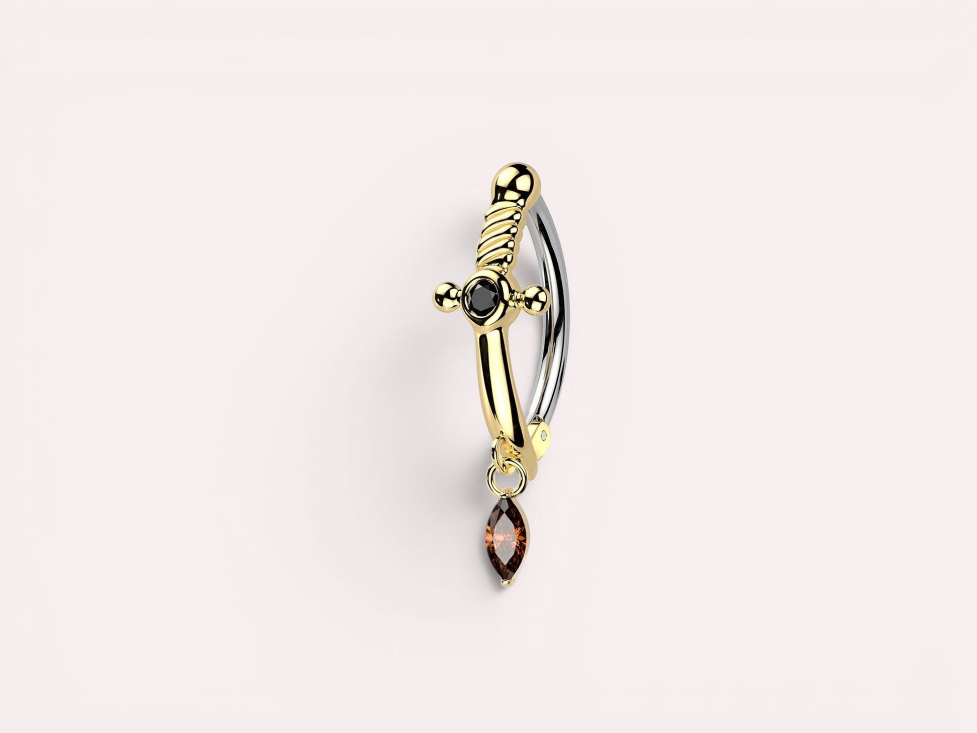 MKBodyJewelry gold stainless steel dagger belly button ring with black and brown CZ gems, 14G, 10mm bar