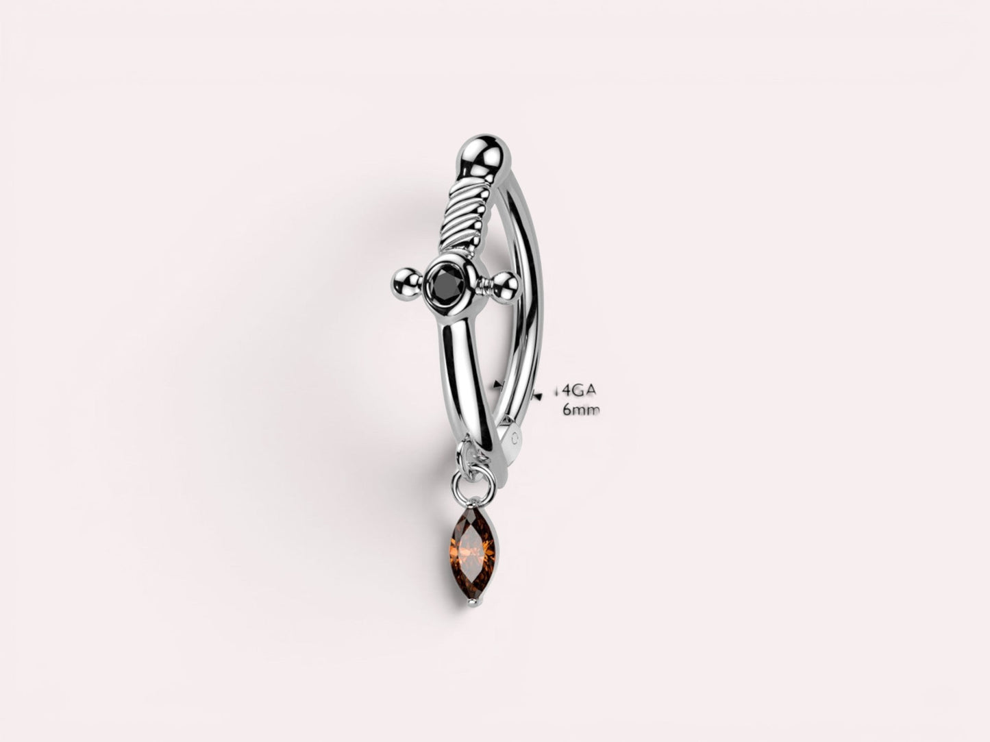 MKBodyJewelry silver dagger belly button ring with dangling marquise-cut brown CZ and black accent gem. 14G, 10mm.