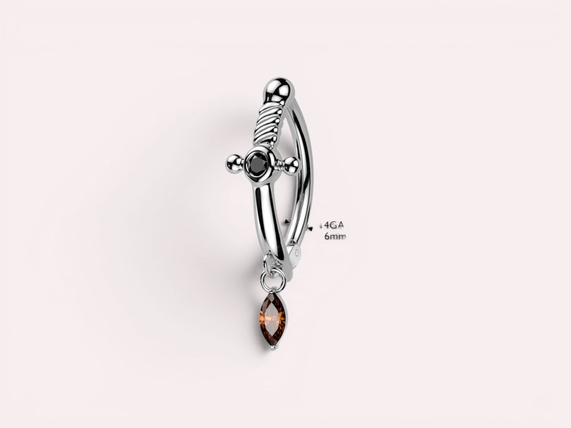 MKBodyJewelry silver dagger belly button ring with dangling marquise-cut brown CZ and black accent gem. 14G, 10mm.