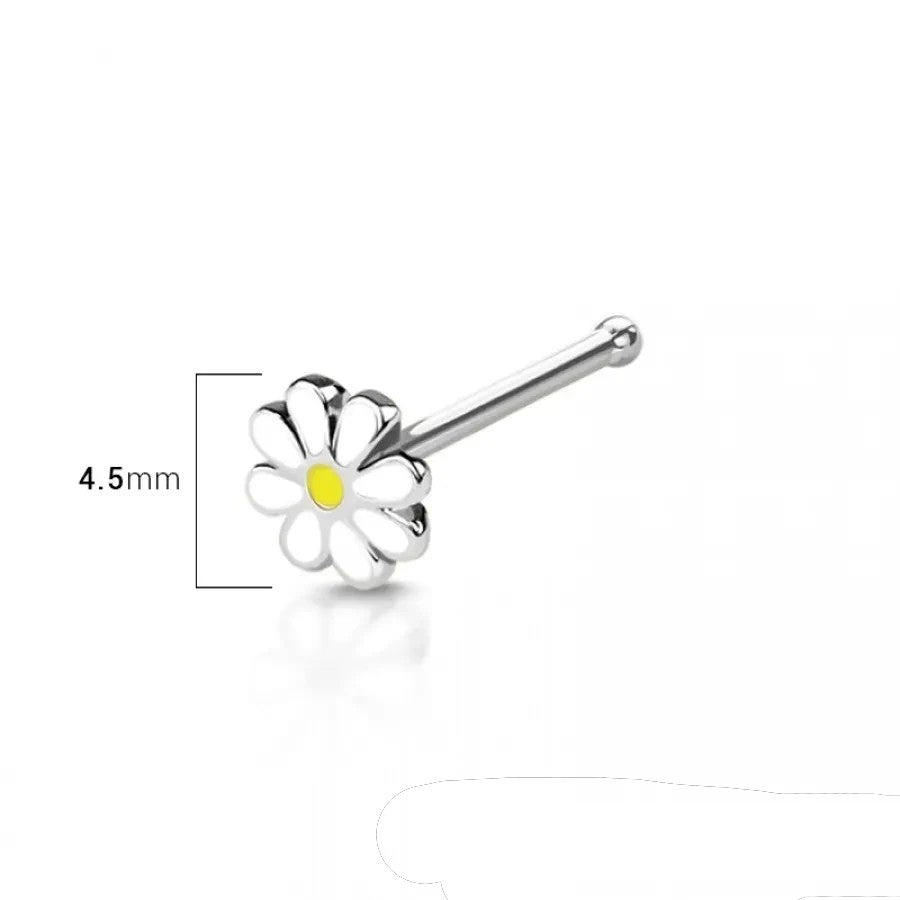 MKBodyJewelry 20g surgical steel daisy flower nose bone stud with white petals and a yellow center for daily wear.