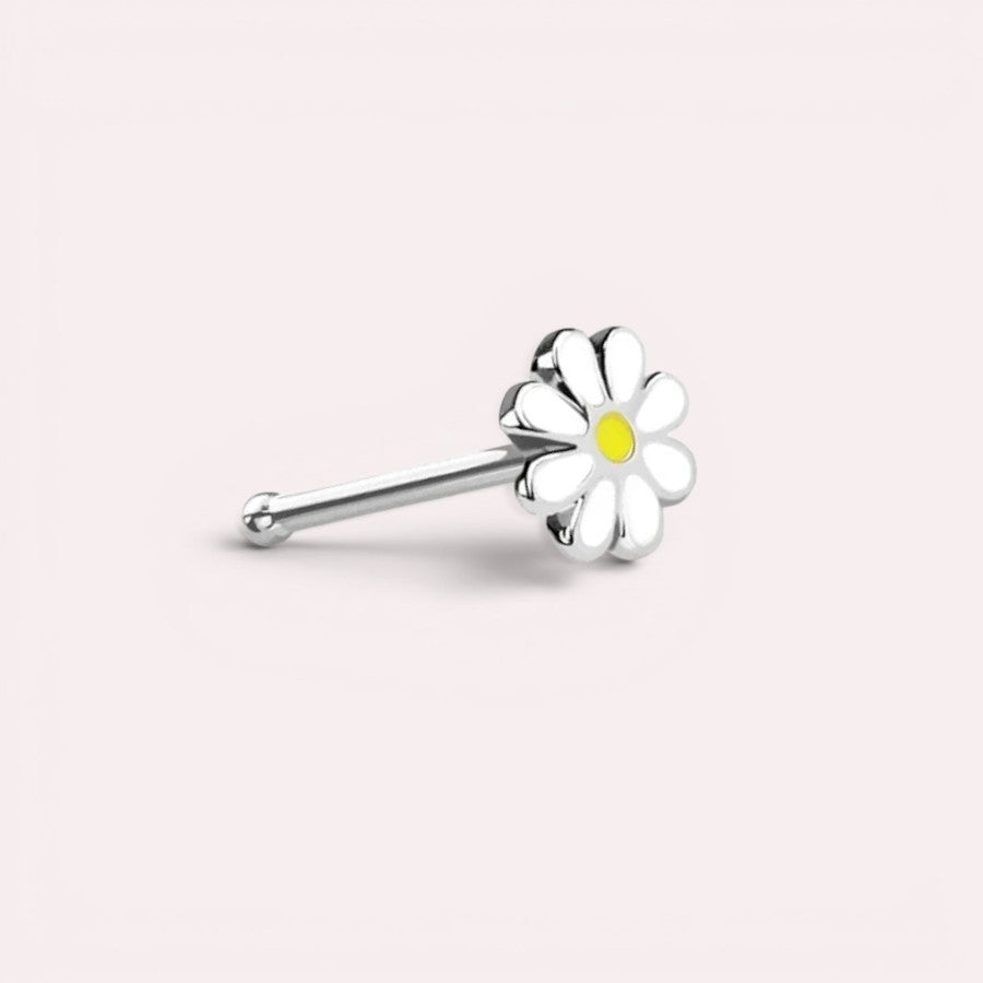 MKBodyJewelry 20g surgical steel daisy flower nose bone stud with a yellow center for everyday piercing wear.