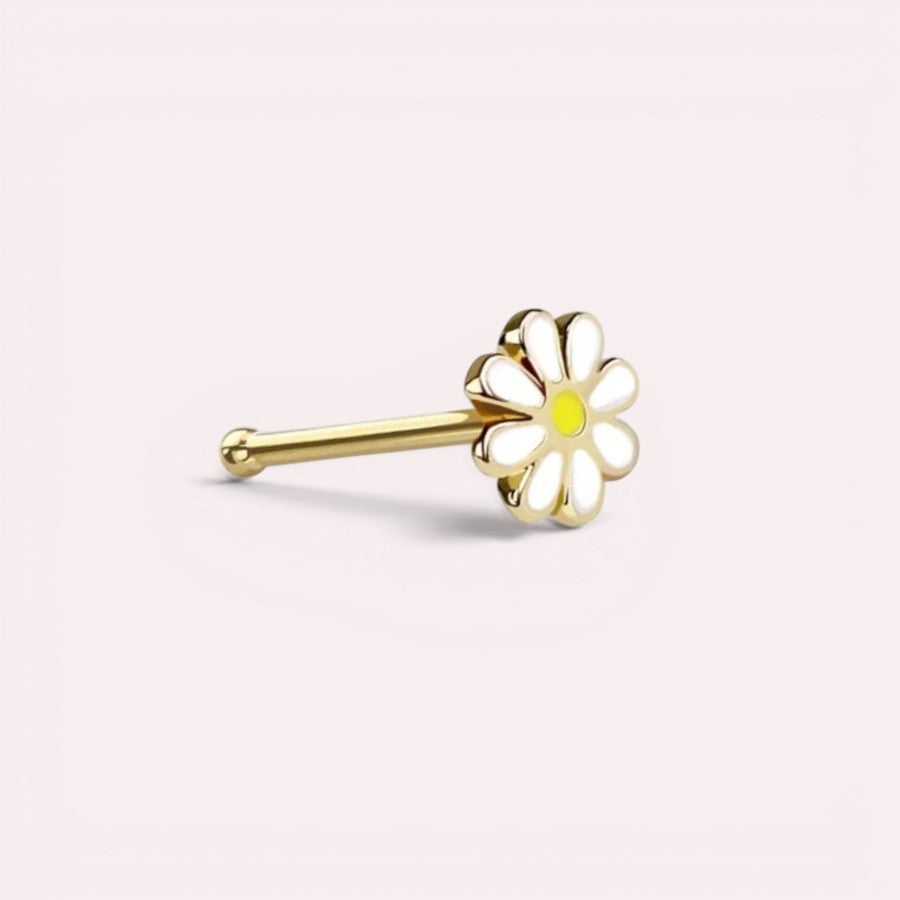 MKBodyJewelry 20g gold surgical steel nose bone stud featuring a white and yellow daisy flower design.
