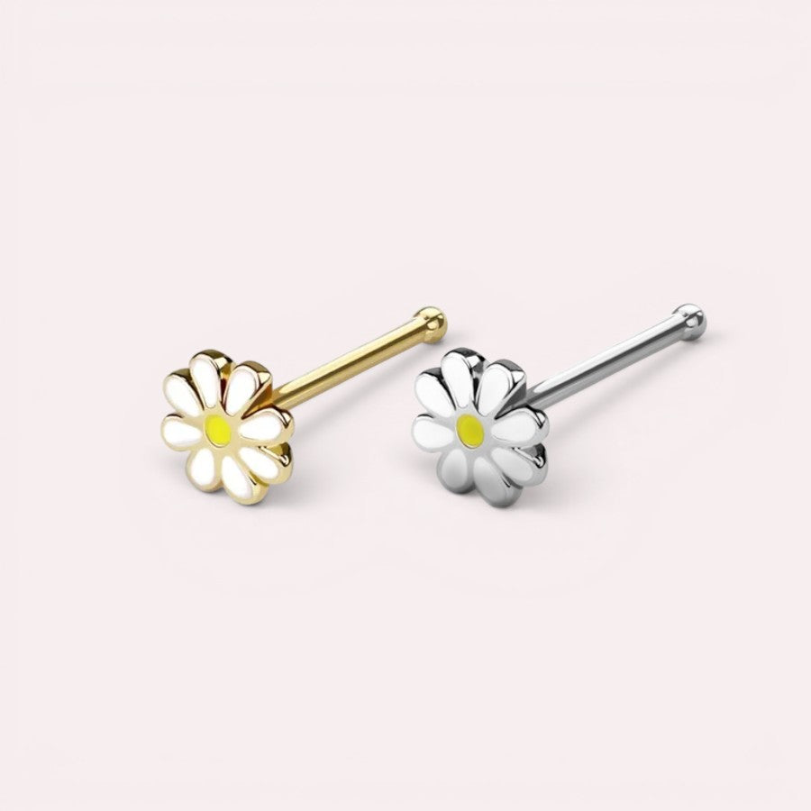MKBodyJewelry 20g surgical steel daisy flower nose bone studs in gold and silver tones with white petals.