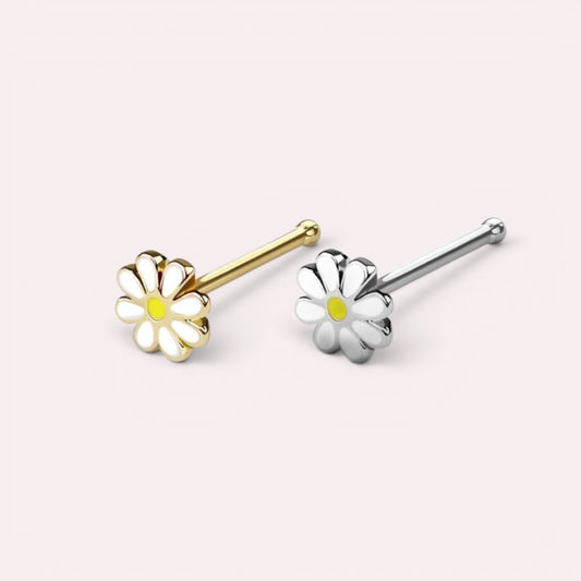 MKBodyJewelry 20g surgical steel daisy flower nose bone studs in gold and silver tones with white petals.