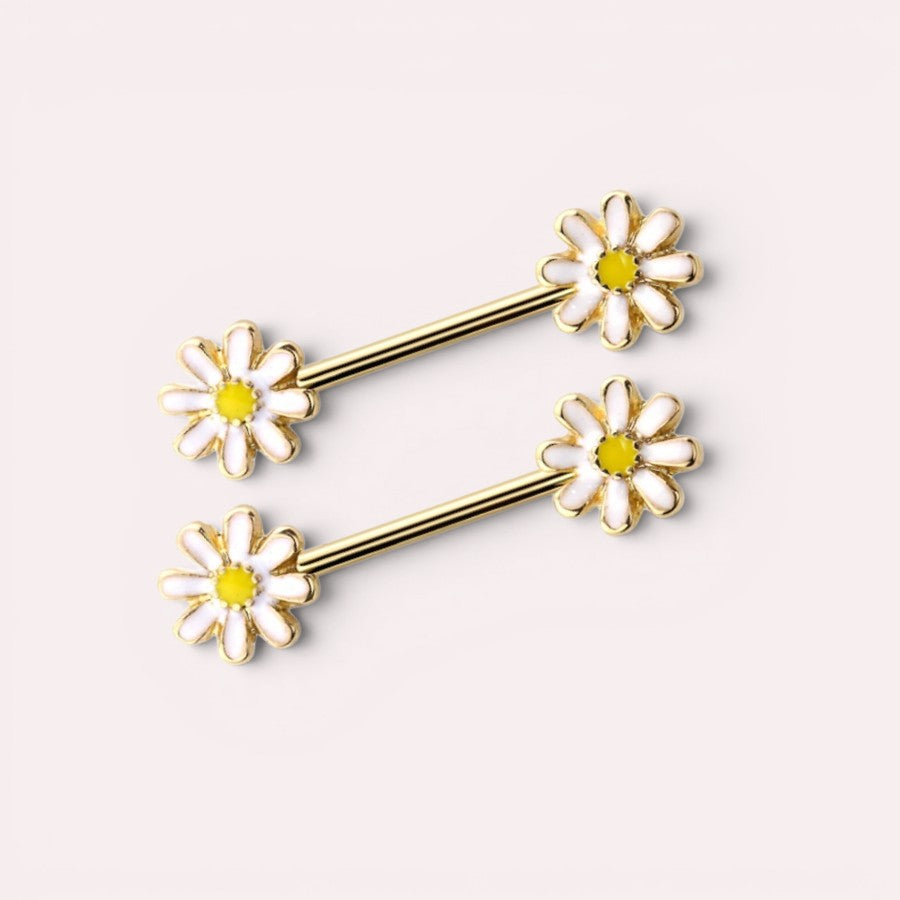 MKBodyJewelry 14G rose gold daisy nipple barbell with white and yellow floral enamel accents in surgical steel.