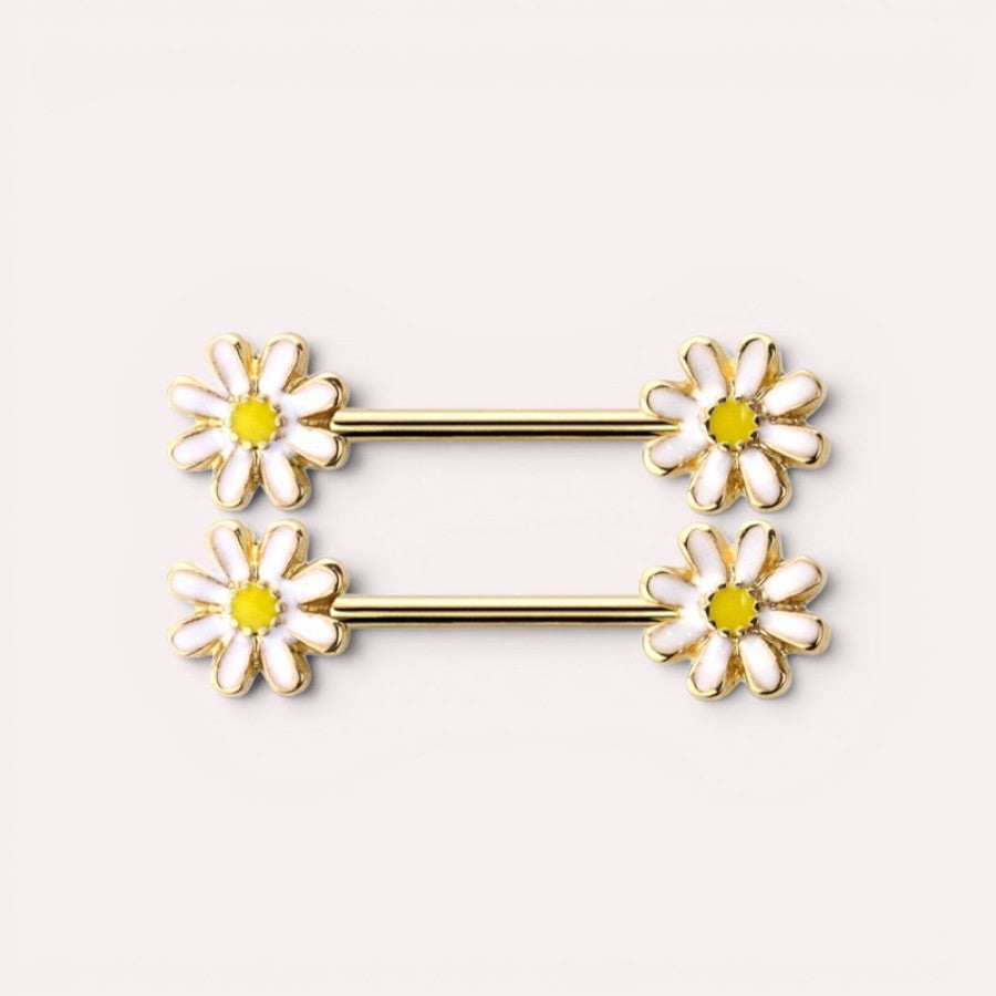 MKBodyJewelry 14G rose gold nipple barbell featuring white and yellow daisy flower ends, made of surgical steel.