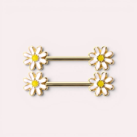 MKBodyJewelry 14G rose gold nipple barbell featuring white and yellow daisy flower ends, made of surgical steel.
