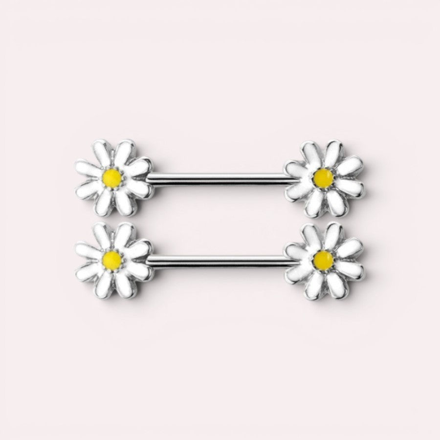 MKBodyJewelry 14G surgical steel nipple barbell set featuring white and yellow daisy flower ends.