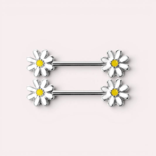 MKBodyJewelry 14G surgical steel nipple barbell set featuring white and yellow daisy flower ends.
