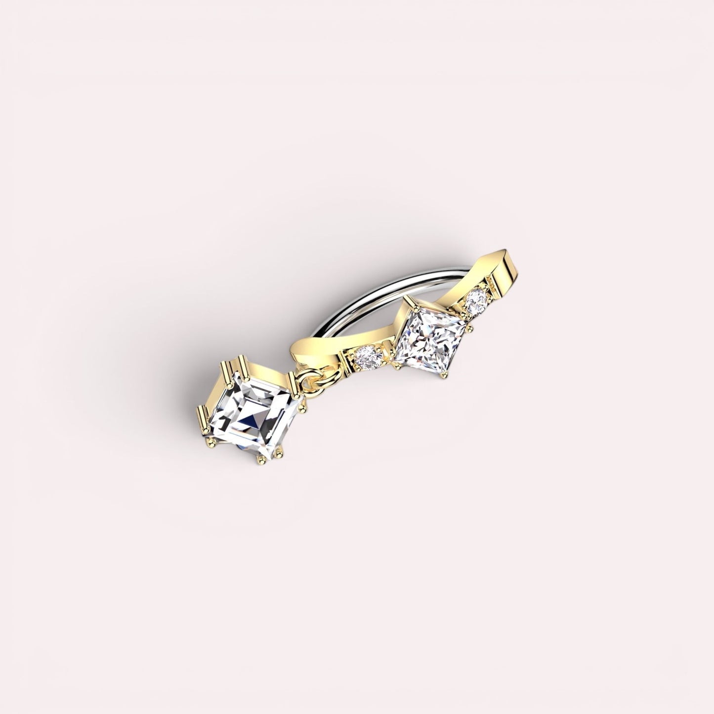 MKBodyJewelry gold dangling belly button ring with princess-cut CZ stones and a clicker closure. 14G, 10mm bar.