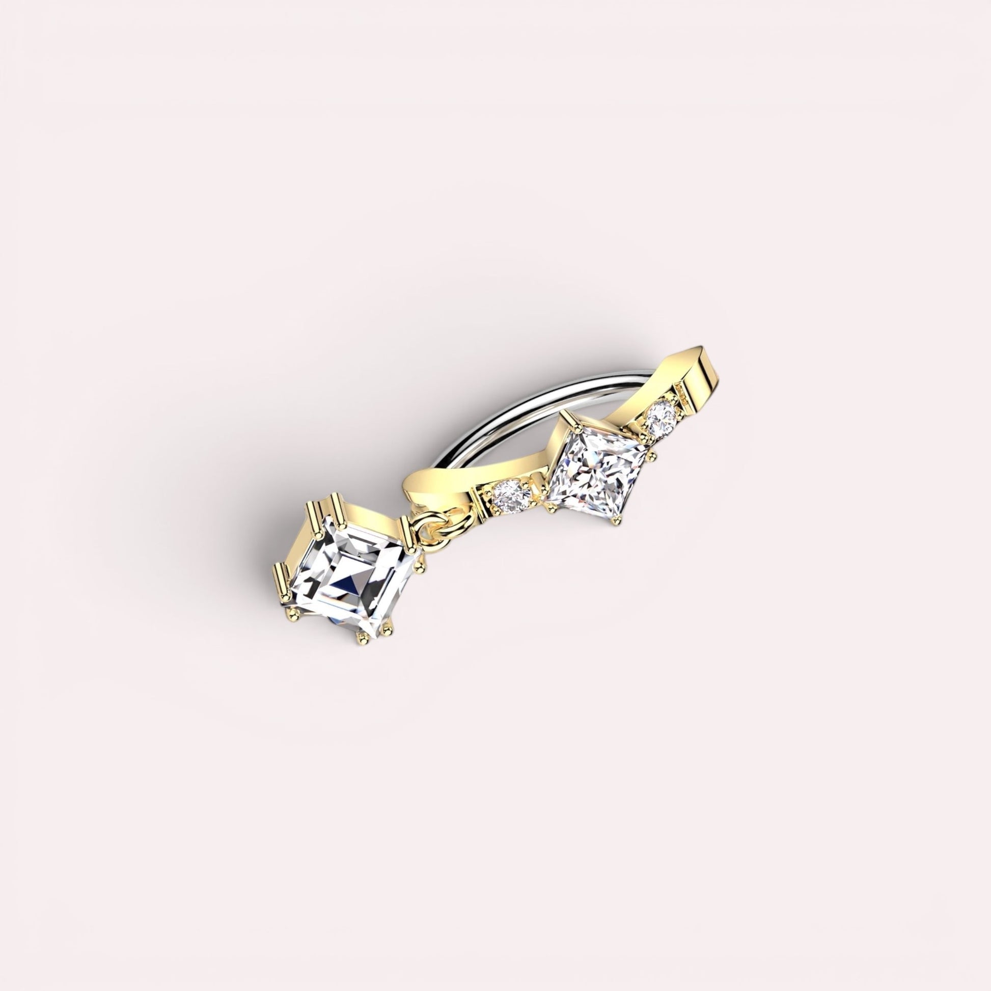 MKBodyJewelry gold dangling belly button ring with princess-cut CZ stones and a clicker closure. 14G, 10mm bar.